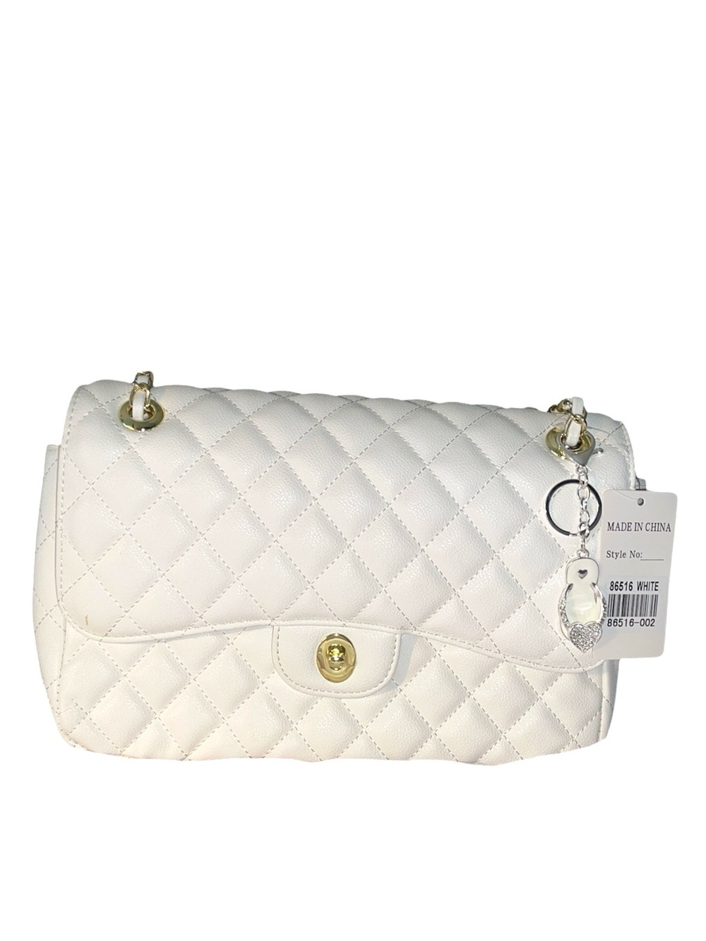 ELEGANT WHITE QUILTED SHOULDER BAG  WITH BAG CHARM